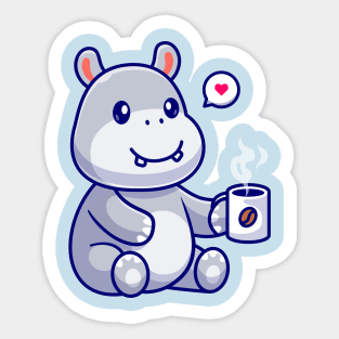 Cute Hippo Drinking Coffee Cartoon Sticker